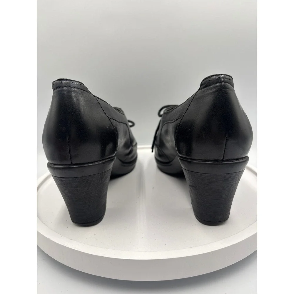 Clarks Leather Oxford Heels 7M Black Dark Academia Lace Up Block Heel 80424